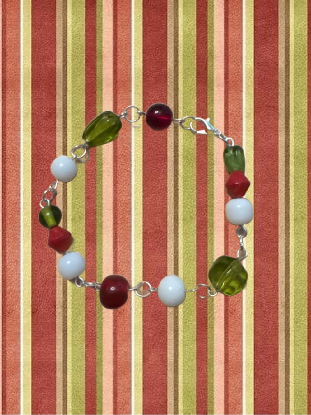 Green, Red and White Beaded Bracelet
